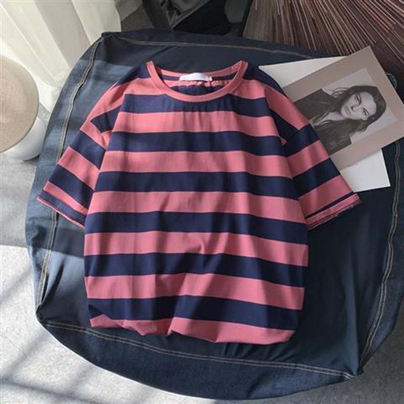 Short-sleeved T-shirt Men's Summer New Couple Striped Half-sleeved T-shirt Trend Loose Casual All-match Top