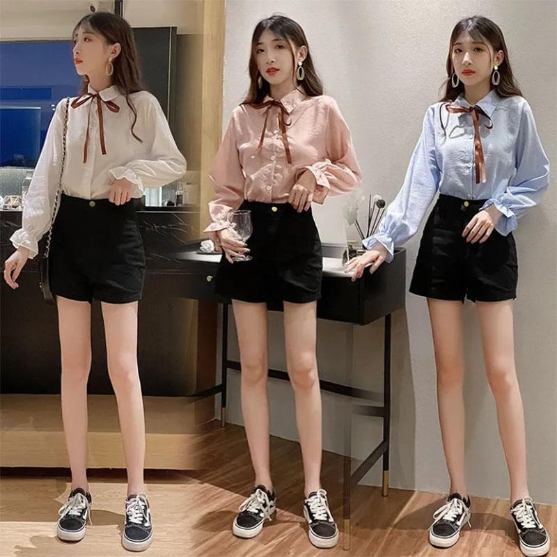 Slim Striped Ladies Shirt Bow Tie Long Sleeve Bottoming Cardigan