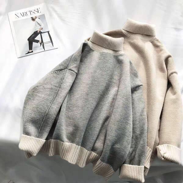 Pofulove High-neck Sweater Women Loose Thickened Pullover Color Matching Autumn Winter Sweater
