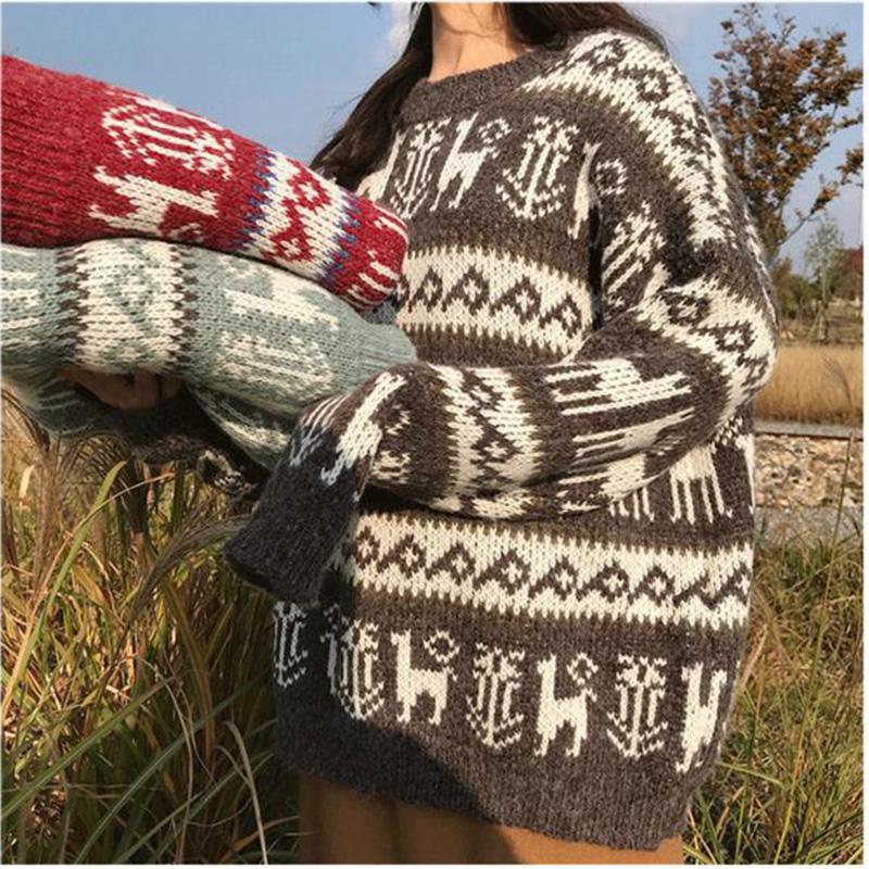 Loose  Long Sleeve Sweater  Red Christmas Pullover Autumn and Winter Sweater Female  Korean Student Snowflake Sweater