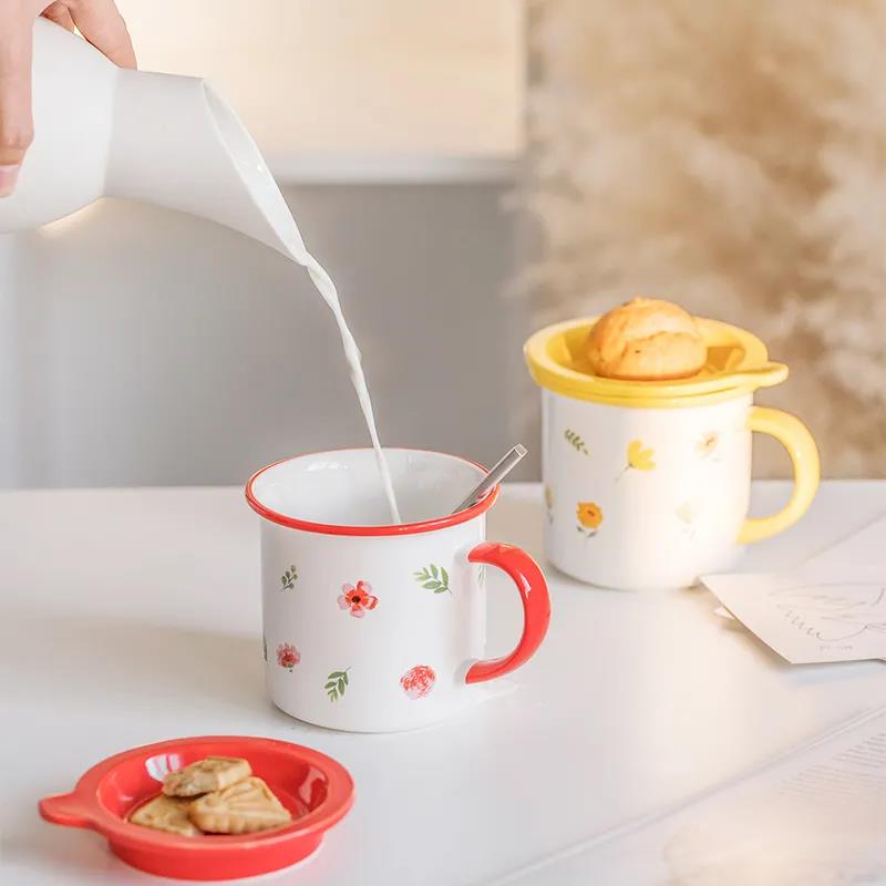 Ceramic Mug Korean Mug with Lid Spoon Japanese Coffee Milk Breakfast Cup Cute Household Water Cup Female Student