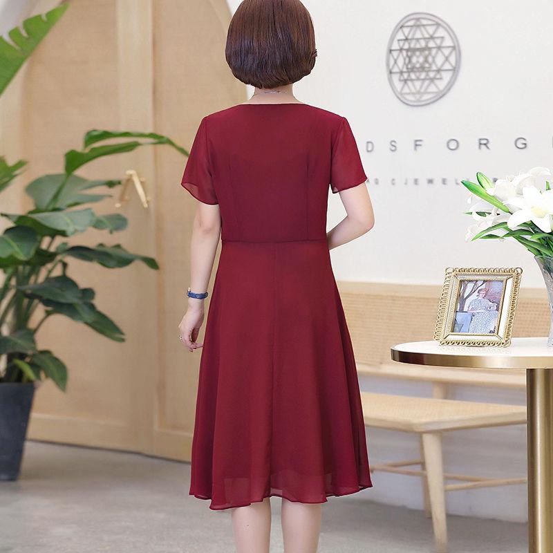 Spring Summer Women's Chiffon Dress Solid Color Short-sleeved Knee-length Skirt Slim Slimming A-line Skirt Red Dress