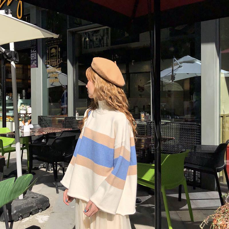 Thick Color-matching Turtleneck Female Autumn Winter Striped Bottoming Sweater Loose Top