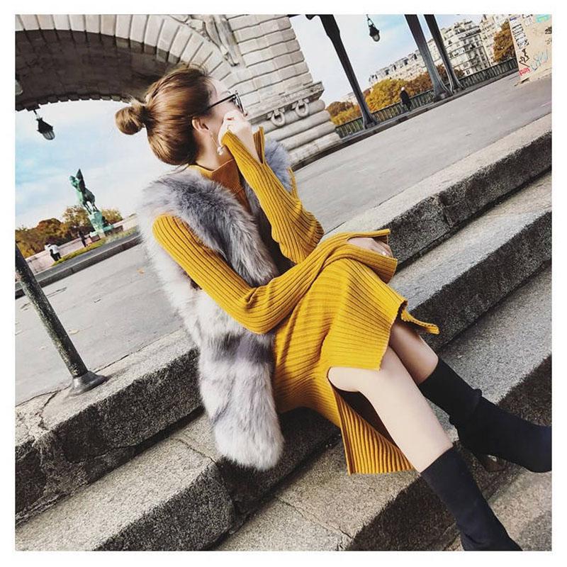 Winter Sexy female Sweater Dress Slim Fit Wrap Hip Turtle Neck Women Winter Sweater Long High Split