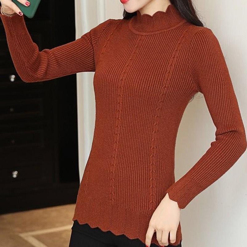 Autumn and Winter Thickened Half Turtleneck Sweater Women Warm Short Ruffled Solid Color Knitted Bottoming Shirt