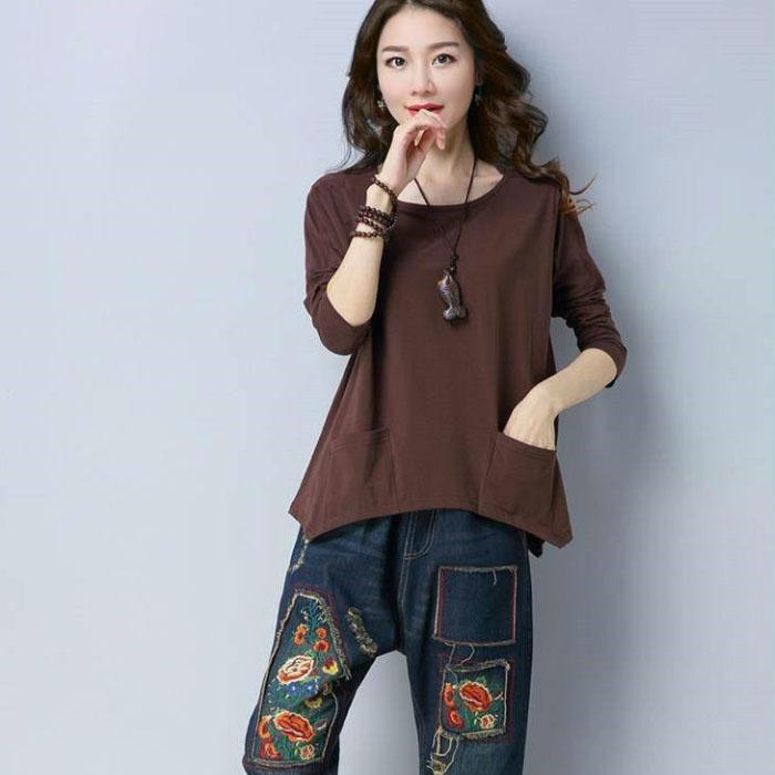 Summer Ladies T-shirt Large Size Long Sleeve Shirt Casual Loose Pullover Solid Color Shirt