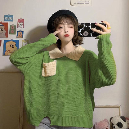Autumn Winter Students Hit Color POLO Collar Loose Ins Lazy Long-sleeved Sweater Korean Version Trendy Tops