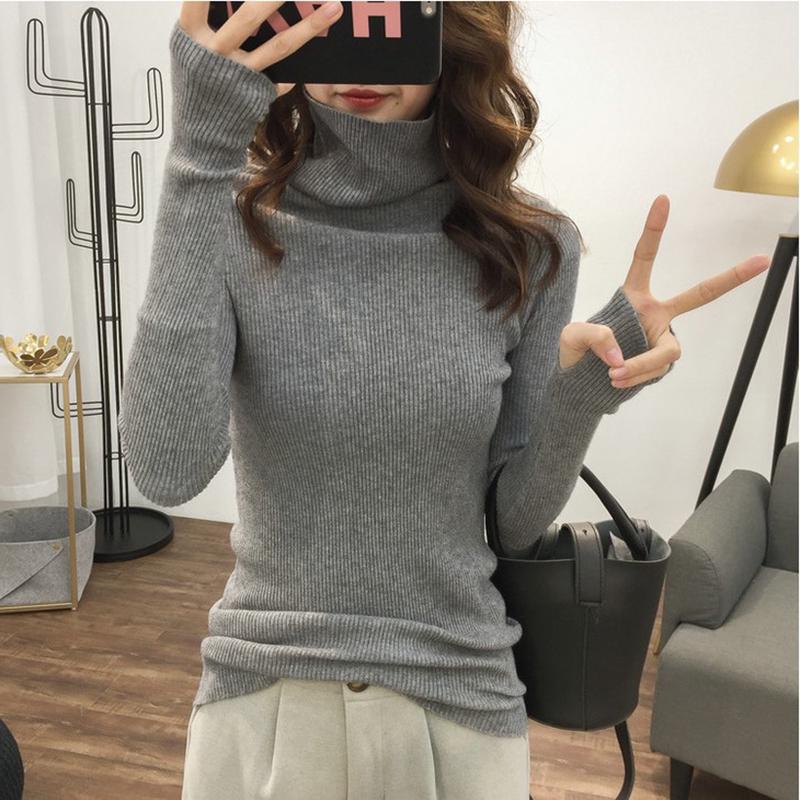 Pofulove Turtleneck Women Pile Collar Bottoming Shirt Autumn Winter Gloves Sleeve Slim Thick Sweater