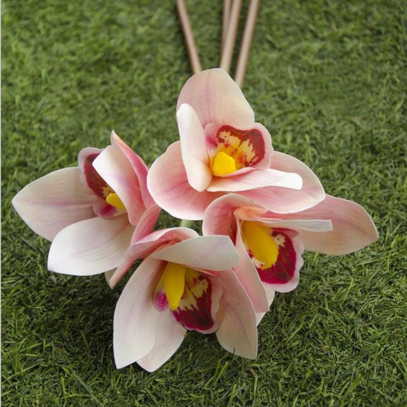 Simulation Bouquet 4 Heads Hand Pierced Feel Cymbidium Artificial Flowers Home Decoration Flower Vase Flower Arrangement