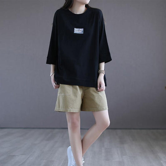 Pure Cotton Loose Slit T-shirt Girls Thin Round Neck Short-sleeved Comfortable Breathable Top