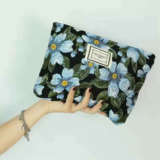 Blue Jacquard Cosmetic Bag Women's Retro Literary Simple and Elegant Flowers Convenient Small Bag