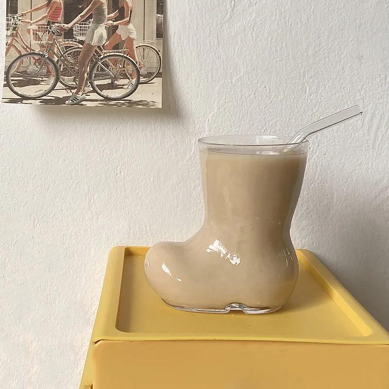 Ins Wind Blogger with The Same Cute Girl Wind Glass Boots Cup Milk Coffee Cup Home Cafe Restaurant