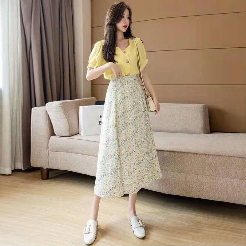 Women's Chiffon Floral Skirt Summer  High Waist Mid-length A-line Draping Fairy Dress
