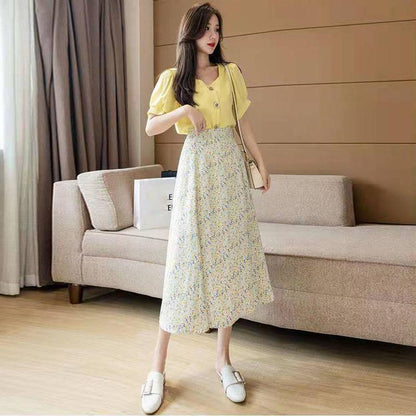 Women's Chiffon Floral Skirt Summer  High Waist Mid-length A-line Draping Fairy Dress