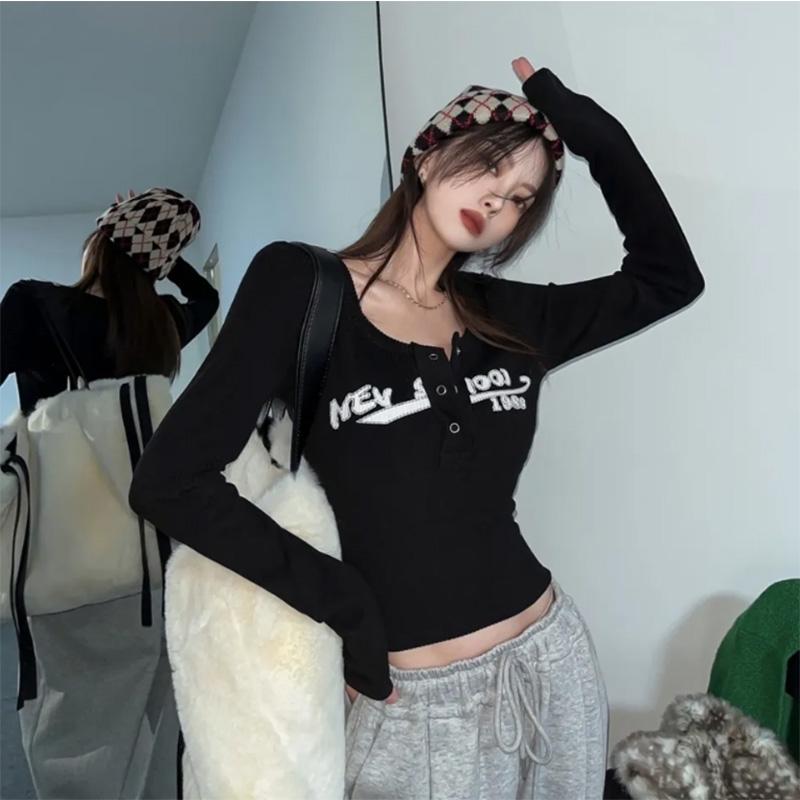 Sexy Retro Bottoming Shirt Women's Tight Short Style with Chic Long Sleeve T-Shirt Top