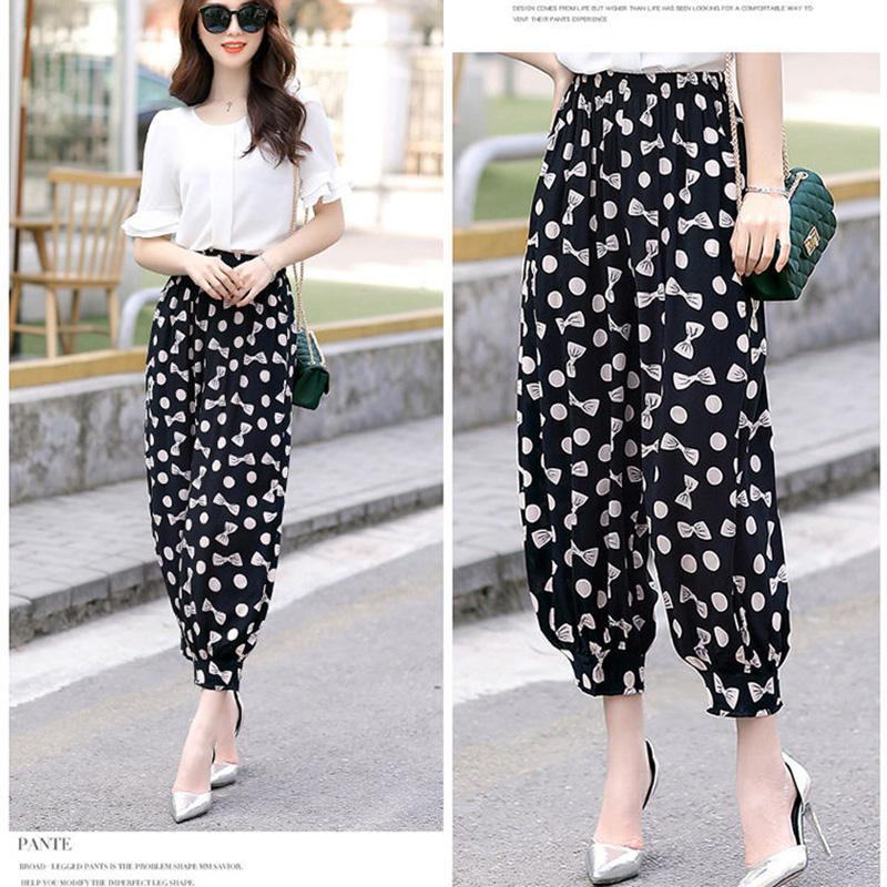 WTEMPO Cropped Pants Summer Cotton Silk Printed Casual Wide-leg Pants with Elastic Waist Lantern Pants