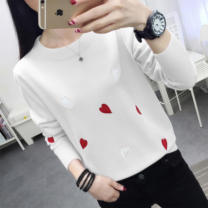 Pofulove Women Knitted Turtleneck Sweater Solid  Embroidered Heart Streetwear Pullovers  Female Tops