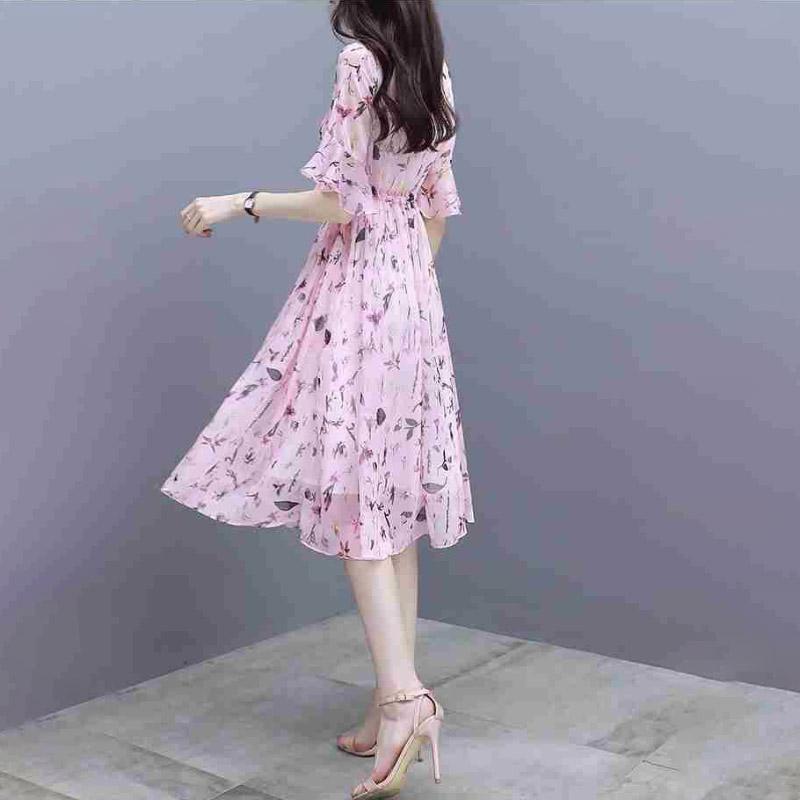 Women Spring Flower Print Dress V Neck Casual Three Quarter Sleeve Ruffles Split Dress Female Elegant A Line Party