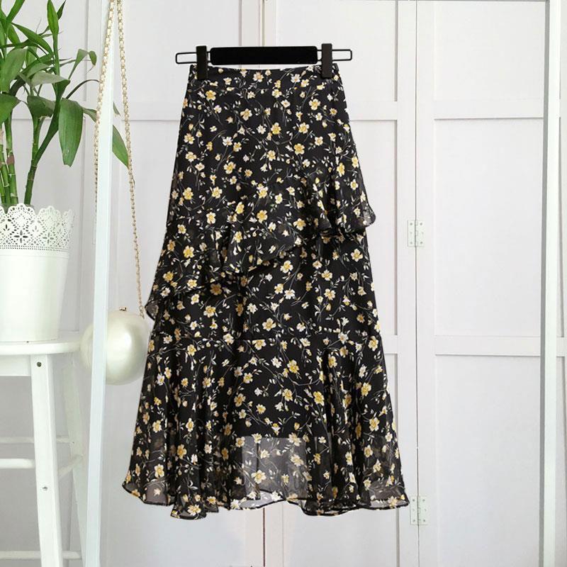 Summer Skirt Two-piece Set Women V-neck Short-sleeve T-shirt Top Korean Irregular Midi Floral Pleated Skirt Two-piece Suit Plus Size