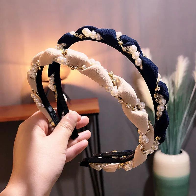 Diamond-studded Wavy Headband Hairpin Pearl Cloth Hairband Female Sweet Girl Headdress Headband Hairband Wash Face Hairband Bangs Fixed Clip Jewelry