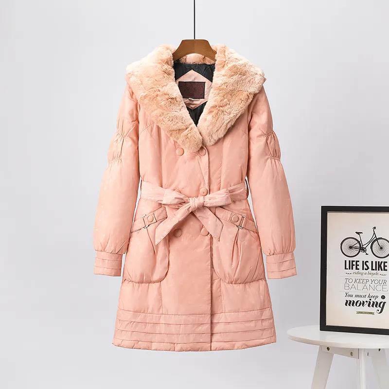 Real Rex Rabbit Fur Collar Hooded Mid-length Down Jacket Women Fashion Slim Belt White Duck Down Winter Jacket