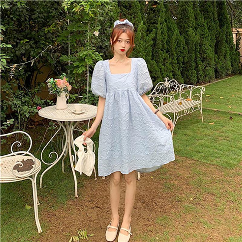 Spring and Summer Dress Korean Version of French Square Neck Bow Loose Temperament Puff Sleeve A-line Skirt