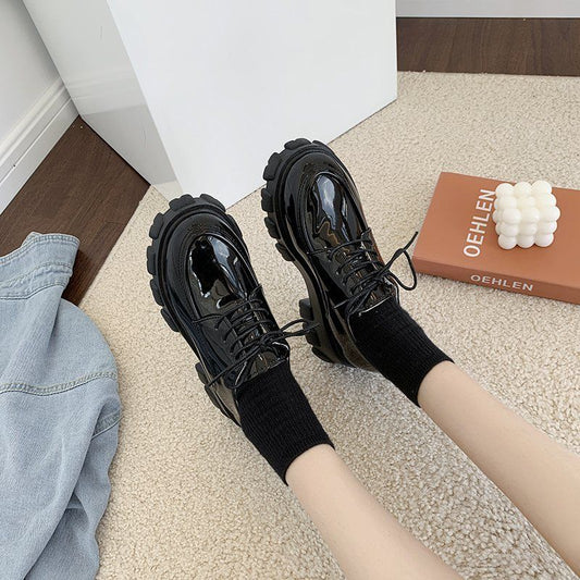 British Style Small Leather Shoes Women's Shoes Black Thick-soled Ladies All-match Platform Shoes Lace Up Patent Leather Single Shoes