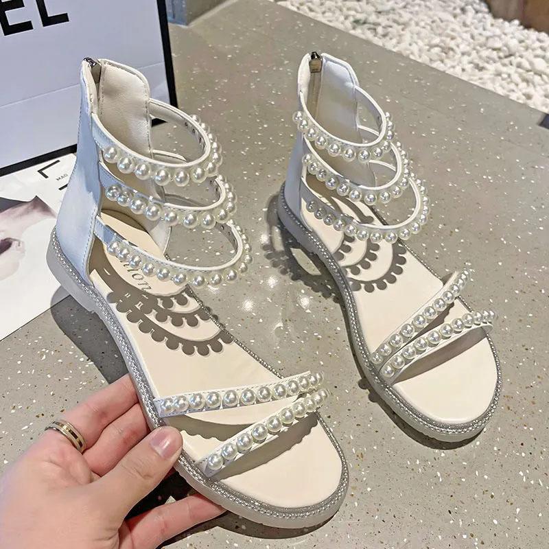 Summer Exquisite Vintage Pearl Sandals Korean Casual All Match Roman Sandals Flat Non-slip Beach Shoes