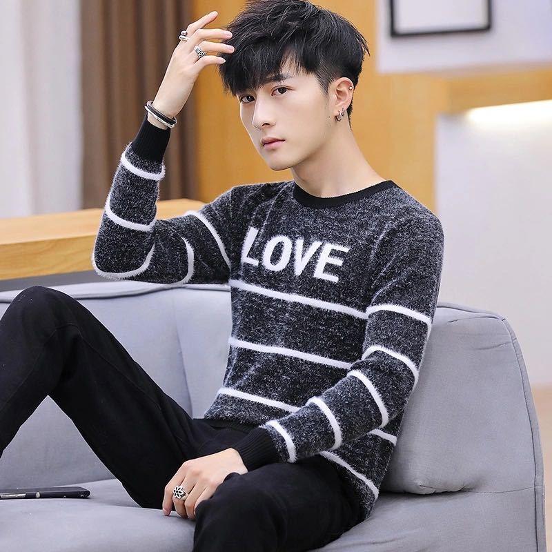 Fall/winter Men's Pullover Low-neck Casual Character Jacket Long-sleeved Striped Splicing Color Top