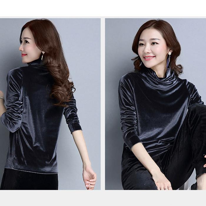 Autumn and Winter High-neck Women's Bottoming Shirt Fashion Gold Velvet Sweater with Long Sleeves Loose Blouse