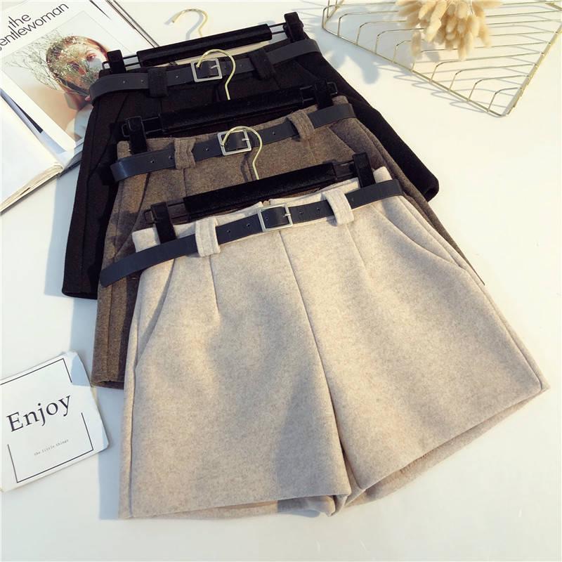 Woolen Wide Leg Shorts Elastic High Waist Women Wool Short Pants Pocket Shorts