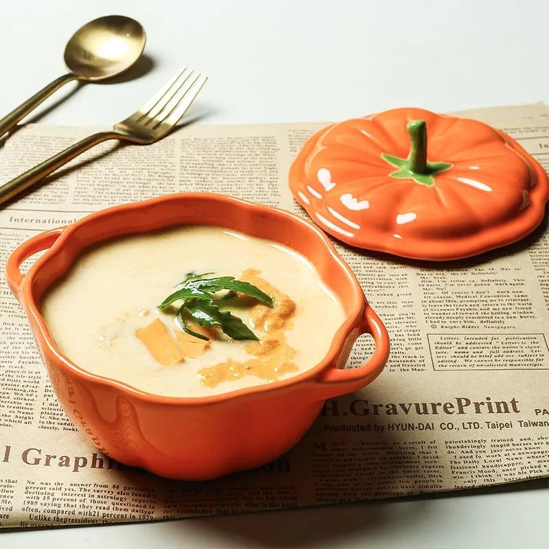 Japanese-style Cute Pumpkin Steamed Bowl Home with Cover Stewed Ceramic Double Ear Soup Bowl of Children's Creative Food Bowl