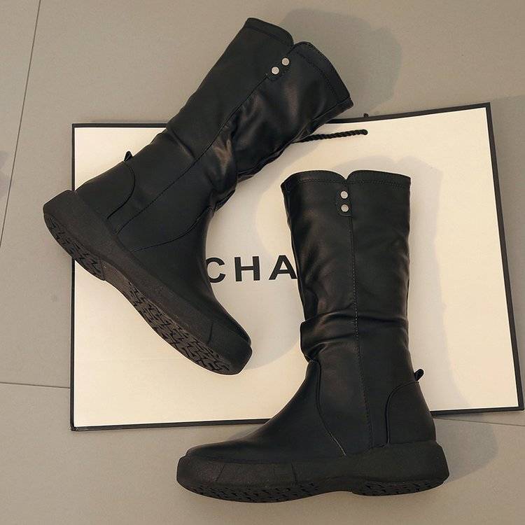 Women's PU Martin Boots Autumn Winter Flat Boots Plus Velvet Knight's Style Boots  Zipper Leather Shoes