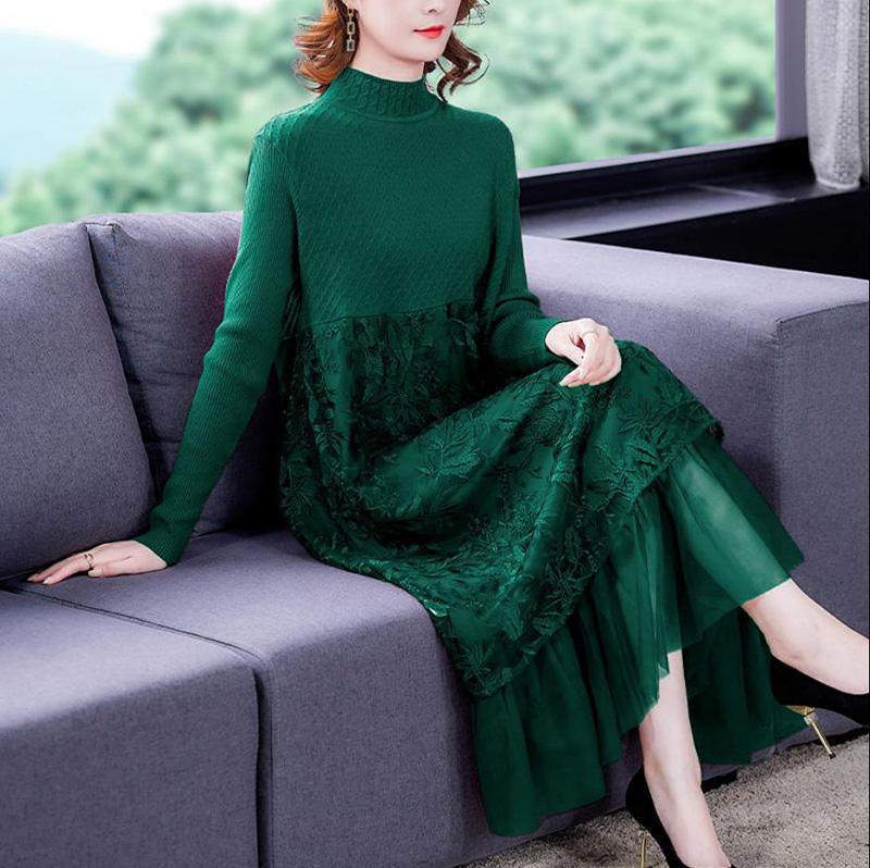 Autumn and Winter Bottoming Skirt Mid-length Retro Ethnic Embroidery Knitted Sweater Dress Long-sleeved Half-high Collar Lace Skirt