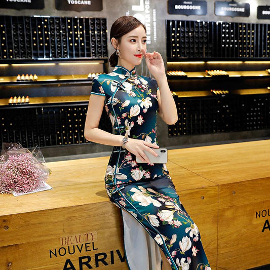 Chinese style large size slim split cheongsam woman summer long cheongsam skirt female dress