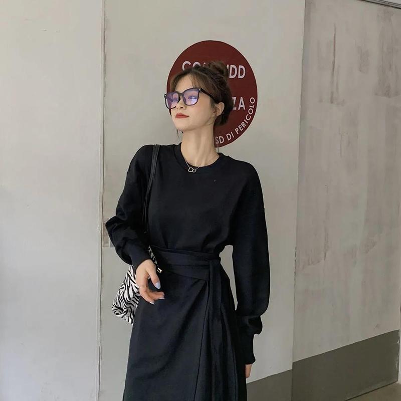 Women Sexy Knitted Dresses Solid Color High Elasticity Irregular Long-sleeved Spring and Autumn Dress