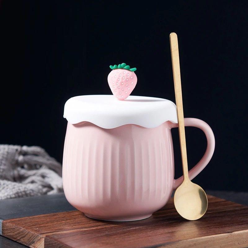 Ceramic Water Cup with Lid Spoon Cartoon Cute mugs Couple Cup Birthday Gift Coffee Cup Breakfast Cup