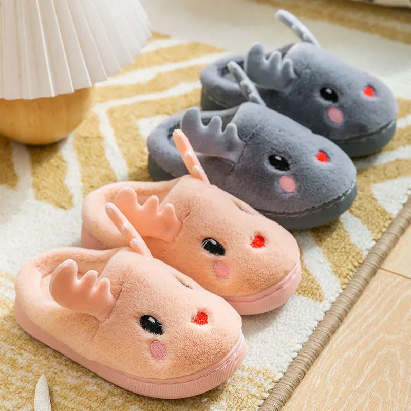Autumn and Winter Cotton Slippers Children’s Cute Antler Slippers Non-slip Warm and Comfortable