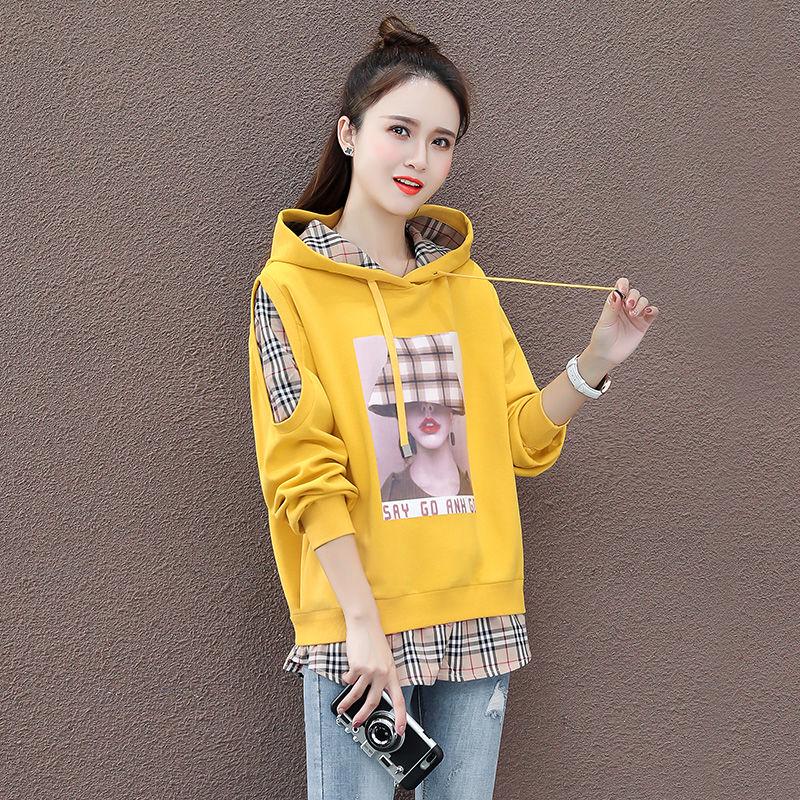 Plaid Stitching Hooded Sweater Long-sleeved Loose Fake Two-piece Cotton Fabric