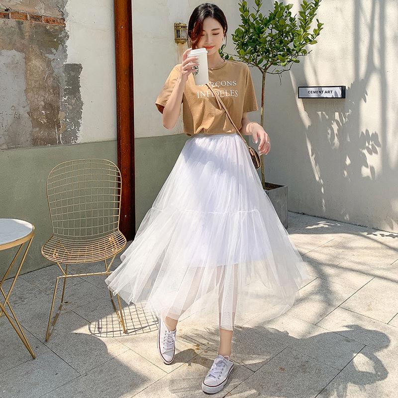 Three Layers Yarn Skirt Woman's Mid-length Elastic Waist Lace High Waist A-line Skirt Pleated Skirt  Fairy Tutu