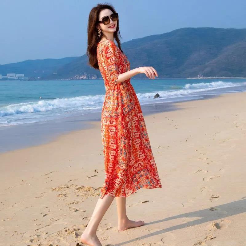 Women's Summer Plus Size Dress Loose Long Dress Printing Slim A-line Skirt
