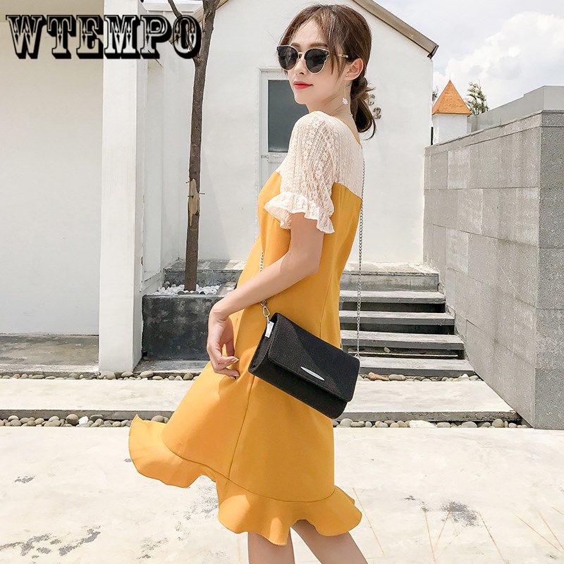 WTEMPO 2019 Summer New Large Size Loose Stitching Fishtail Dresses Lace Long Dresses Chiffon Female