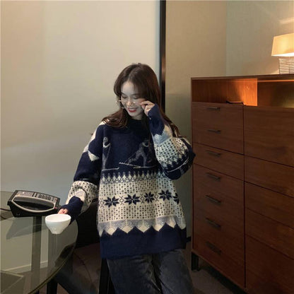 Autumn and Winter Loose Sweater Women's Fashion Wild Diamond-shaped Jacquard Pullover Top