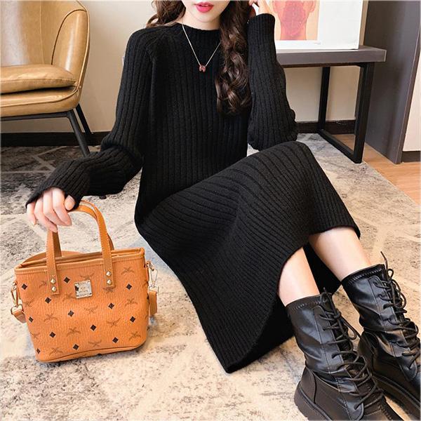 Autumn and Winter Round Neck Loose Dress All-match Knee-thick Knit Bottoming Skirt Solid Color Long Warm Sweater
