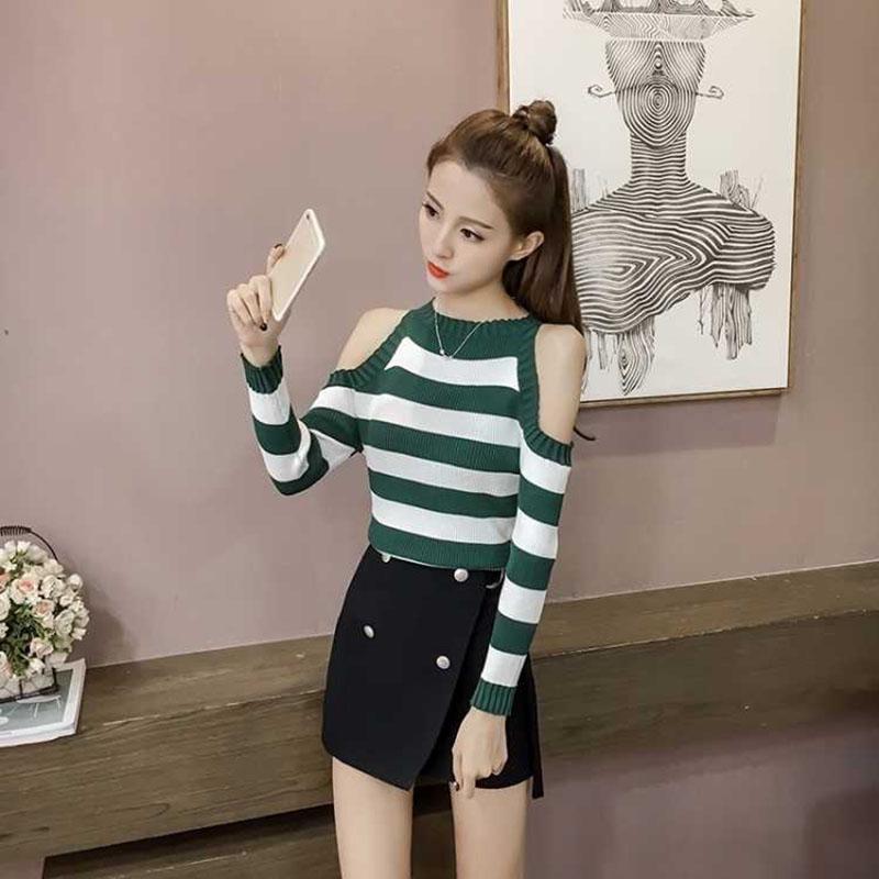 Pofulove Women's Striped Knitted Sweater Long Sleeve Turtleneck Pullover Sexy Off Shoulder Sweater