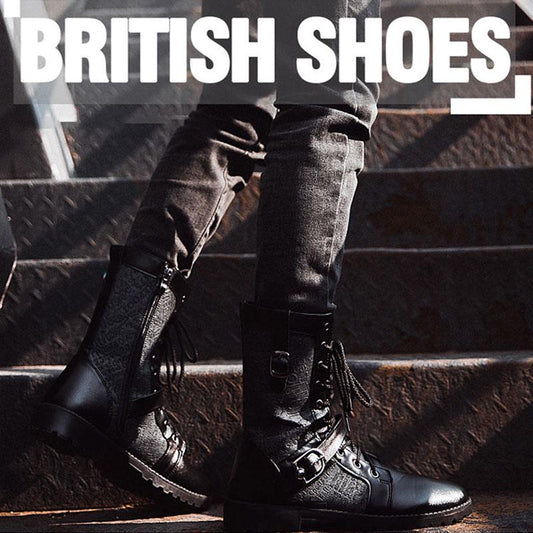 Fall and Winter Men's Plus Velvet Martin Boots British Style PU Leather Work Shoes Denim High-top Military Boots