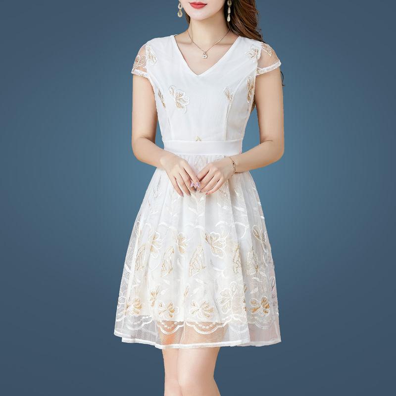 Fashion Summer Embroidered Dress Midi Embroidery Mesh Lace Dress Short Sleeve Party Dress