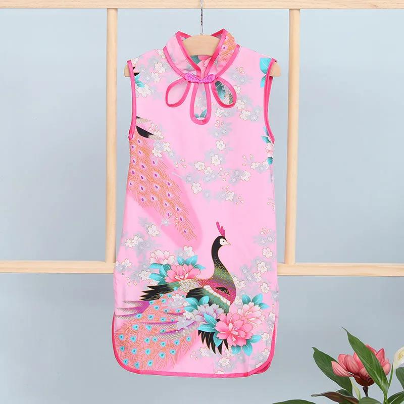 Children Dress Children's Tang Suit Girls Summer Thin Dress Cheongsam Printed Floral Cheongsam Chinese Style Sleeveless Dress