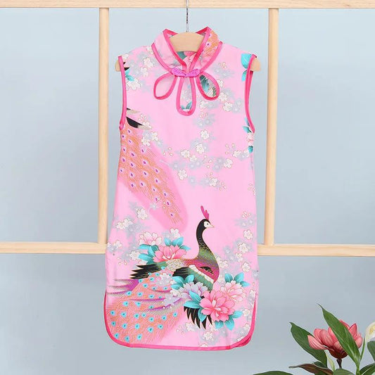 Children Dress Children's Tang Suit Girls Summer Thin Dress Cheongsam Printed Floral Cheongsam Chinese Style Sleeveless Dress