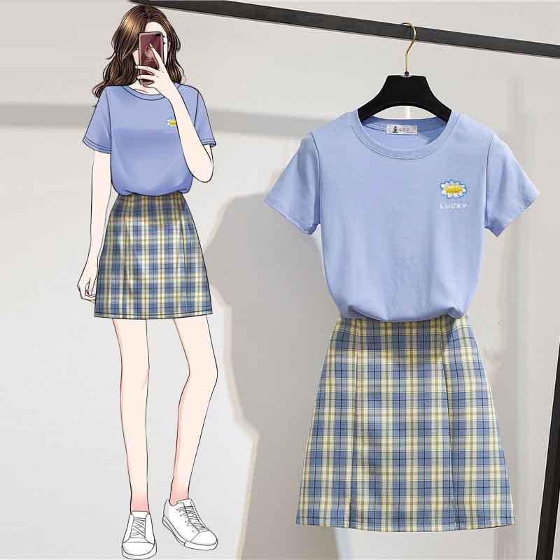 S-XL Summer Women O-neck Thin Cute and Sweet T-shirt+A-word Bag Hip Plaid Shorts 2pcs Office Lady Slim T-shirt Shorts Suits